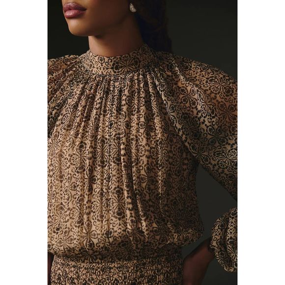 Anthropologie Let Me Be Smocked Mock-Neck Dress Size L - Picture 2 of 10